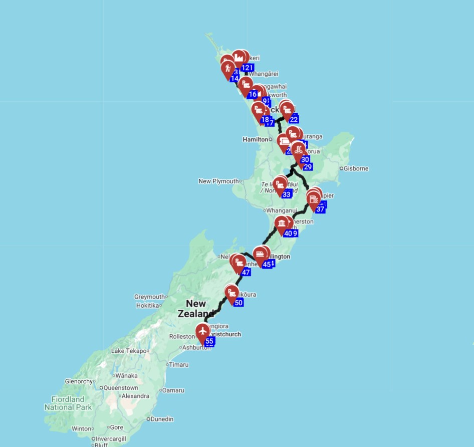 Map for תכנון מסלול טיול קרוואנים בניו זילנד מאוקלנד לקרייסטצרץ השכרת קמפר